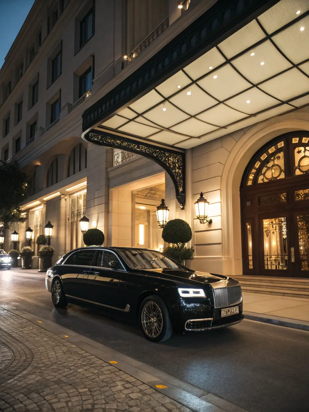 A high-angle shot of a sleek, black Mercedes-Benz S-Class pulling up to the curb at LAX airport, with travelers visible in the background.