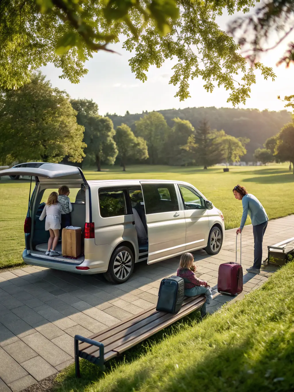A spacious Cadillac Escalade SUV parked at the airport, with a family loading luggage into the back.