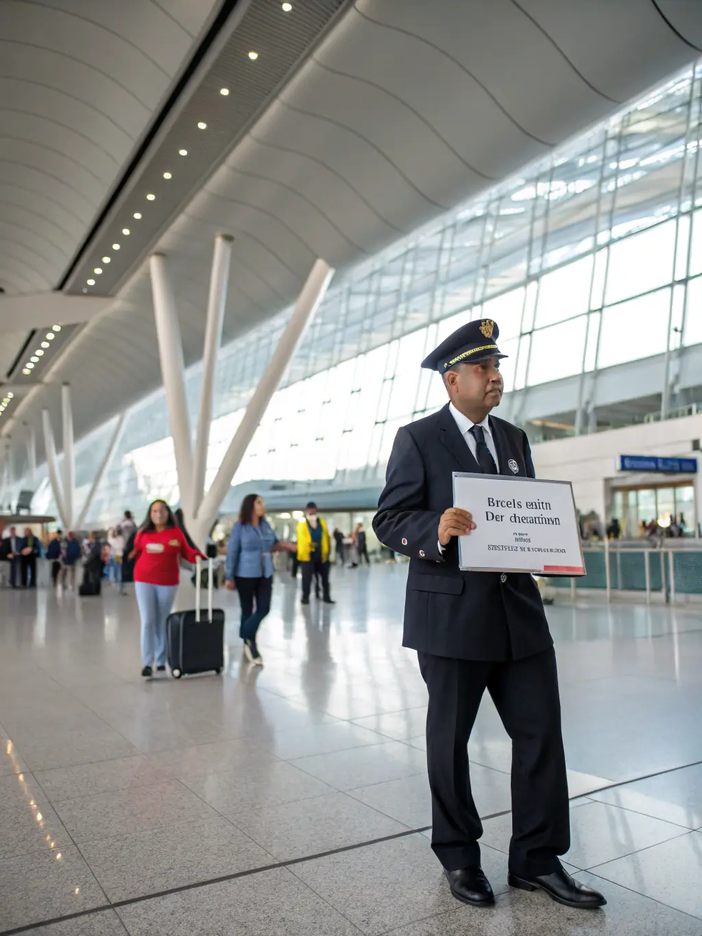 A professional chauffeur holding a sign with a passenger's name at the airport arrival gate.
