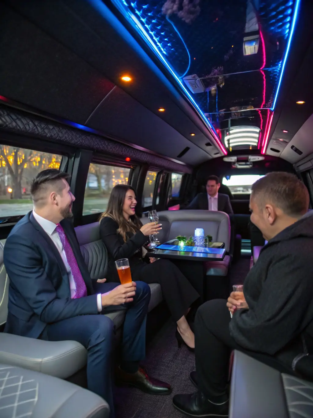 A sleek, black party bus with tinted windows, colorful LED lights illuminating the interior, plush leather seats, and a high-end sound system, showcasing Luxury Fleet's nightlife party bus.