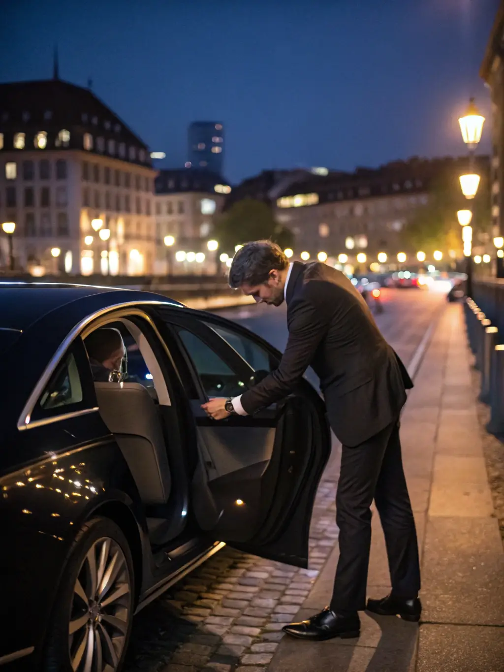 A professional chauffeur in a tailored suit opening the door of a luxury sedan, with a cityscape background at sunset, representing Luxury Fleet's hourly service.