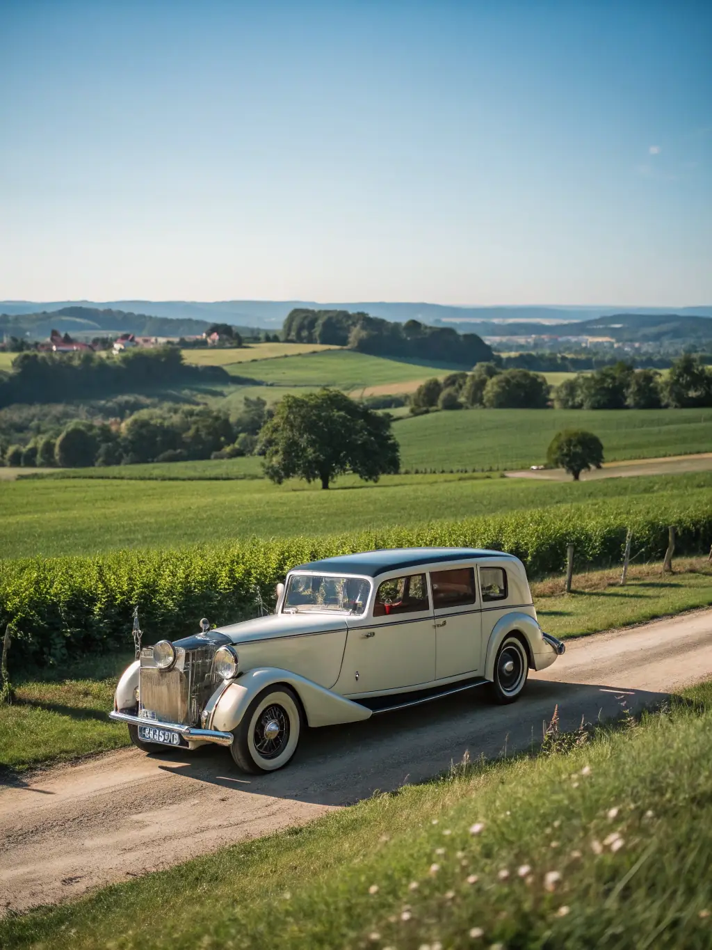 A luxurious stretch limousine decorated for a wedding, with a scenic California backdrop and a chauffeur waiting at the door, showcasing Luxury Fleet's wedding event service.